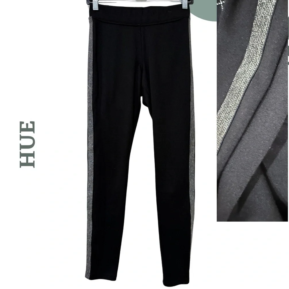 HUE Black Leggings Side Stripe Stretch Pull On Pants Size Small - Picture 2 of 7